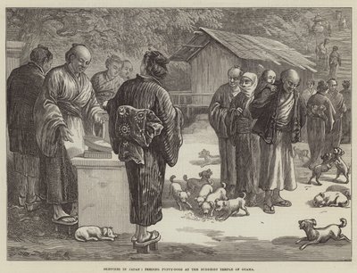 Szkice w Japonii, karmienie psów-szczeniaków w buddyjskiej świątyni Oyama (rycina) autorstwa English School
