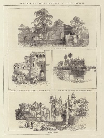 Szkice starożytnych budynków w Dacca, Bengal (grawerowanie) autorstwa English School
