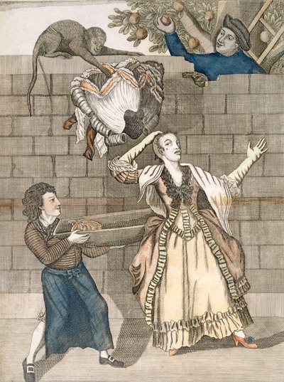 Slight of Hand by a Monkey or the Ladys Head Unloaded, z oryginalnego rysunku autorstwa Grimm, wydrukowanego dla Carington Bowles, London, pub. 1778 autorstwa English School