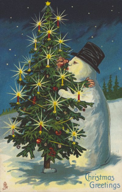 Pocałunek bałwana i choinki (chromolitho) autorstwa English School