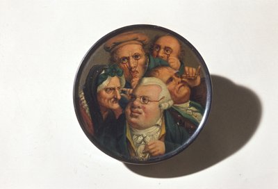 Tabakierka ręcznie malowana ze sceną z różnymi rodzajami okularów, początek XIX w. (papier mache) autorstwa English School