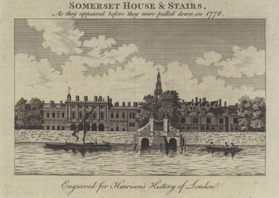 Somerset House and Stairs, Londyn, tak jak wyglądały, zanim zostały zburzone w 1776 r. autorstwa English School