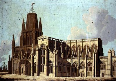 Widok południowo-wschodni kościoła St. Mary Redcliffe w Bristolu, ok. 1800 (olej na płótnie) autorstwa English School