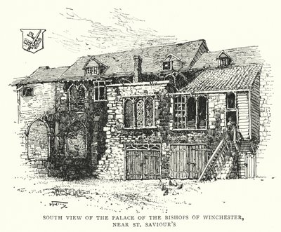 Widok południowy na Pałac Biskupów Winchester, w pobliżu Bazyliki Świętego Zbawiciela (rycina) autorstwa English School