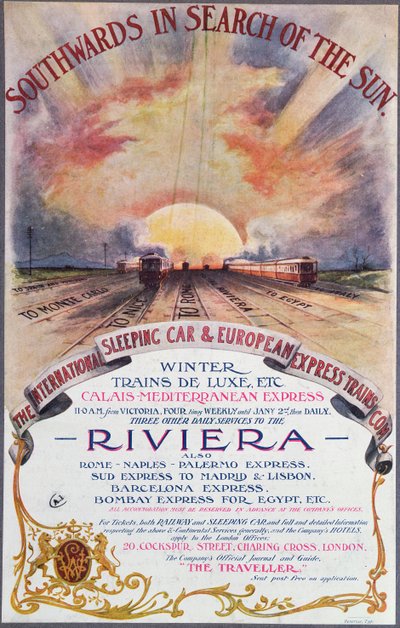 Na południe do Słońca, plakat reklamujący usługi International Sleeping Car Train Company na Riwierze Francuskiej, ok. 1910 r autorstwa English School