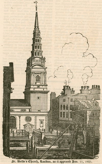 St Brides Church, Fleet Street, Londyn, jak wyglądał 11 stycznia 1825 autorstwa English School