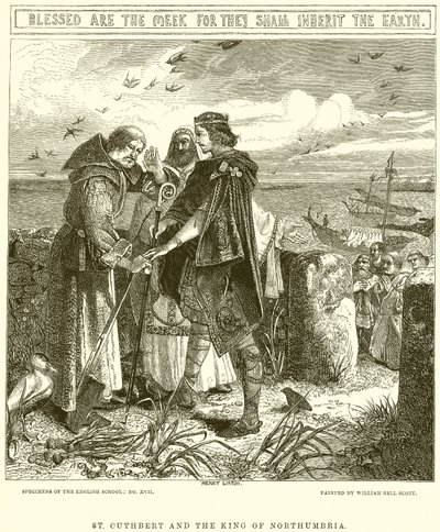 Św. Cuthbert i król Northumbrii autorstwa English School