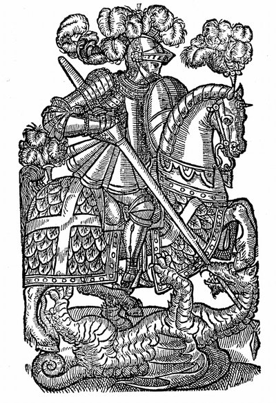 Święty Jerzy (zm. ok. 303 r.), rycerz Czerwonego Krzyża, zabijający smoka autorstwa English School
