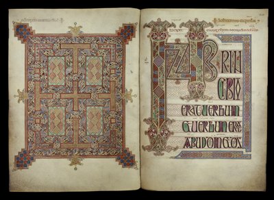 Ewangelia według św. Jana; strona dywanu i strona incipitu, Cotton Nero D. IV, f.210v i f.211r z Ewangelii Lindisfarne, 710-721 (welin) autorstwa English School