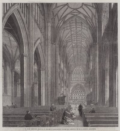 St Mary Redcliffe, Bristol, w procesie restauracji pod kierownictwem pana G Godwina, architekta (grawerowanie) autorstwa English School