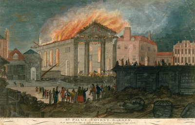 St Pauls Church, Covent Garden, Londyn, jak pojawił się w ogniu o godzinie 8 wieczorem 17 września 1795 autorstwa English School