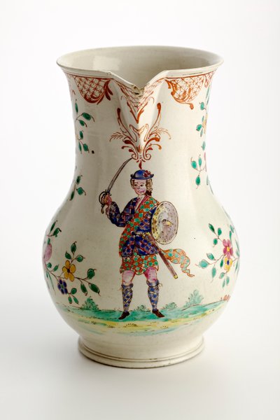 Dzbanek Staffordshire ozdobiony figurą w stroju góralskim, 1755 (ceramika glazurowana solą) autorstwa English School