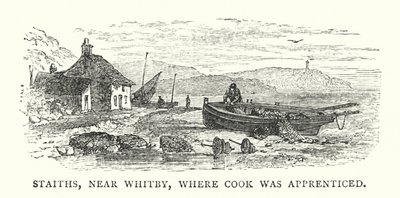 Staiths, niedaleko Whitby, gdzie Cook był praktykantem (kolorowy grawerunek) autorstwa English School