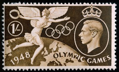 Znaczek upamiętniający Igrzyska Olimpijskie w Londynie w 1948 r. autorstwa English School