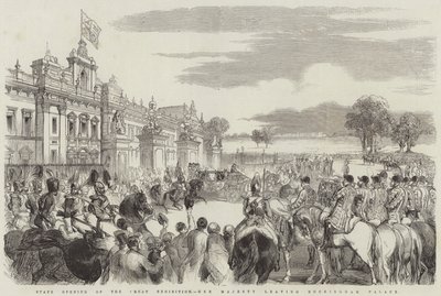 Otwarcie państwowe Wielkiej Wystawy, Jej Wysokość opuszcza Pałac Buckingham (rycina) autorstwa English School