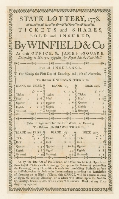 Loteria państwowa, 1778 autorstwa English School