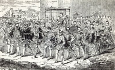 Stan postępu królowej Elżbiety, ilustracja z „Ilustrowanej historii Anglii Cassella” autorstwa English School