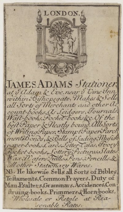 Papiernicze, James Adams, karta handlowa autorstwa English School