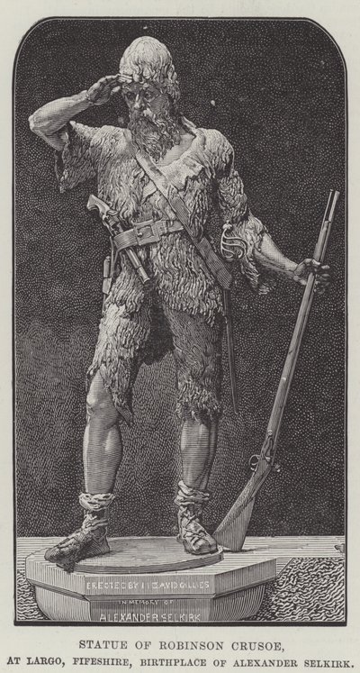 Posąg Robinsona Crusoe, w Largo, Fifeshire, miejsce urodzenia Aleksandra Selkirka (rycina) autorstwa English School