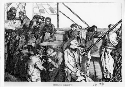 Steerage Emigrants na pokładzie statku pasażerskiego z Europy do Nowego Świata, ok. 1870 r. autorstwa English School