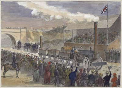 Stephensons Rocket zajęła pierwsze miejsce w konkursie lokomotyw w Rainhill w 1829 roku autorstwa English School