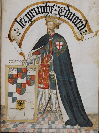 Stowe 594, f.14 Portret Edwarda, księcia Walii [Czarnego Księcia], rycerza założyciela Orderu Podwiązki, z „Pictorial Book of Arms of the Order of the Podwiązka” (Księga podwiązki Williama Bruge