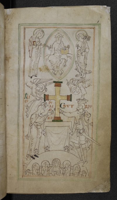Stowe 944 f.6 King Cnut i jego królowa, Aelfgyfu, przedstawiający krzyż na ołtarzu nowego ministra, 