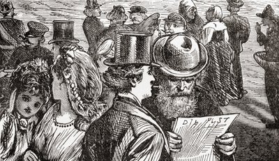 Scena uliczna w XIX-wiecznym Berlinie, Niemcy, z ilustrowanej historii świata Warda i Locka, wyd. ok. 1882 r. autorstwa English School