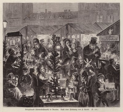 Jarmark bożonarodzeniowy Striezelmarkt, Drezno, Niemcy (grawerowanie) autorstwa English School