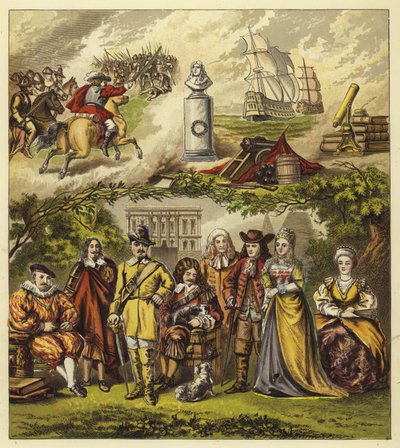 Stuarts, Commonwealth i House of Orange; King James I, King Charles I, Oliver Cromwell, King Charles II, King James II, William and Mary, Queen Anne autorstwa English School