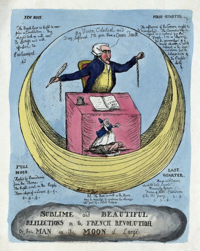 Wzniosłe i piękne refleksje na temat rewolucji francuskiej, czyli człowieka na księżycu na wolności, wyd. 1790 (grawerowanie ręcznie kolorowane) autorstwa English School