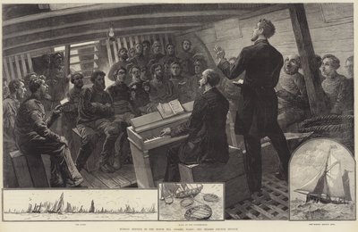 Nabożeństwo niedzielne we Flocie Rybackiej Morza Północnego, Misja Kościoła Tamizy (rycina) autorstwa English School