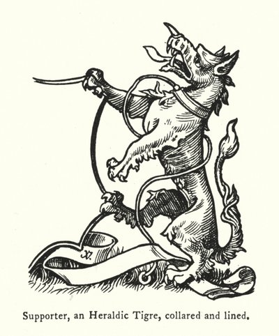 Zwolennik, tygrys heraldyczny, z kołnierzem i podszyciem (grawerunek) autorstwa English School