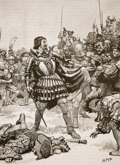 Kapitulacja Franciszka na polu bitwy pod Pawią, ilustracja z Cassells Illustrated History of England (zdjęcie w sepii) autorstwa English School
