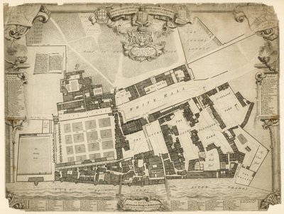 Działka geodezyjna i gruntowa Pałacu Królewskiego w Whitehall, 1680, z kwaterami i apartamentami należącymi do ich Królewskich Mości autorstwa English School