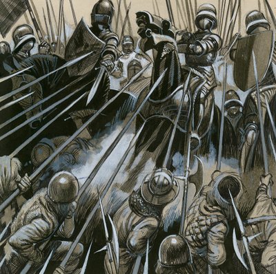Szwajcarscy żołnierze pokonujący armię burgundzką w latach 1476-77 autorstwa English School