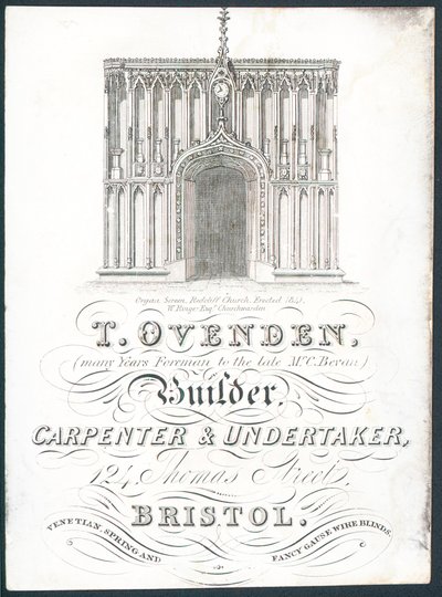 T Ovenden, Builder, Carpenter and Undertaker, karta handlowa autorstwa English School
