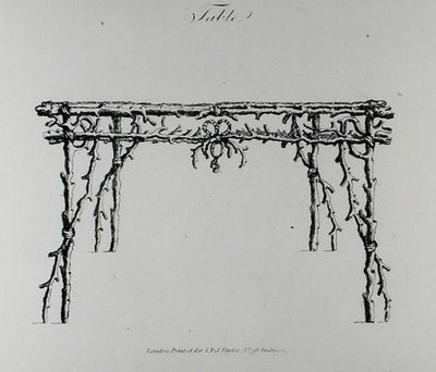 Stół, z „Grotesque Architecture, or Rural Amusement”, autorstwa Williama Wrighte, opublikowany 1768 (rycina) (zdjęcie czarno-białe) autorstwa English School