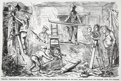 Tableau, przedstawiające kolejne ulepszenia domu pana Briggssa - zniszczenie ściany oddzielającej salon od przejścia, ilustracja z Puncha autorstwa English School