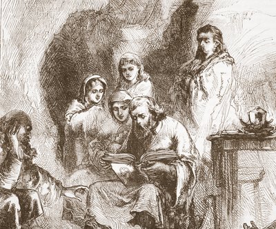 Kult taborytów w jaskini, ilustracja z Historii protestantyzmu Jamesa Aitkena Wylie (1808-1890), wyd. 1878 autorstwa English School