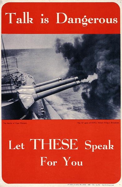 „Rozmowa jest niebezpieczna. Niech Ci mówią za Ciebie”, plakat II wojny światowej (kolor lito) autorstwa English School