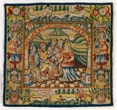 Gobelinowa poszewka na poduszkę przedstawiająca Susannah before Judge (jeden z zestawu sześciu Sheldon Tapestries, obejmujący od 47,9 do 47,14), wykonana w Sheldon w Anglii, jeśli jest autentyczna autorstwa English School