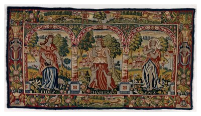 Długa poduszka gobelinowa przedstawiająca Wiarę, Nadzieję i Miłość, wykonana w Sheldon w Anglii, koniec XVI w. (wełna) autorstwa English School