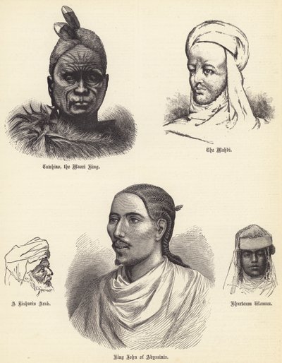 Tawhiao, król Maorysów, Mahdi, Arab z Risharin, król Jan z Abisynii, Kobieta z Chartumu (rycina) autorstwa English School
