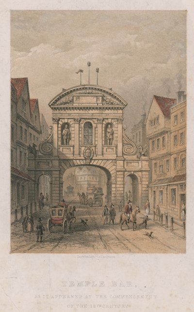 Temple Bar w postaci, w jakiej pojawił się na początku XVIII wieku autorstwa English School