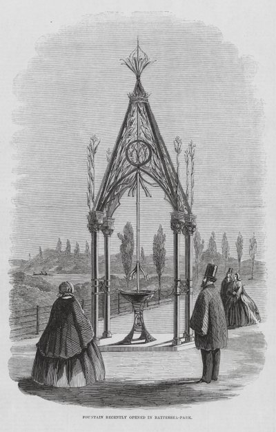 Fontanna Teulon, Battersea Park, Londyn, Anglia (grawerunek) autorstwa English School