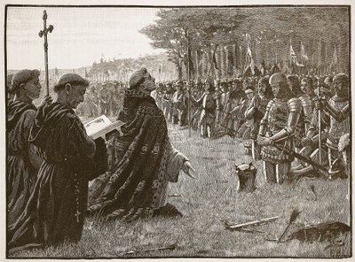 Święto Dziękczynienia armii angielskiej po bitwie pod Agincourt, 25 października 1415, ilustracja z Cassells Illustrated History of England (zdjęcie w sepii) autorstwa English School