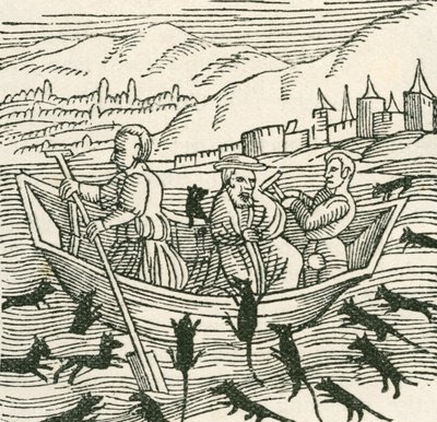 Opowieść ludowa z X wieku o Hatto, który był arcybiskupem Moguncji, i co wydarzyło się w Mysiej Wieży, ilustracja z The Strand Magazine, 1897 autorstwa English School