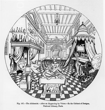 The Alchemist, według ryciny Vriese, ilustracja z nauki i literatury w średniowieczu i renesansie, napisana i rytowana przez Paula Lacroix, 1878 autorstwa English School