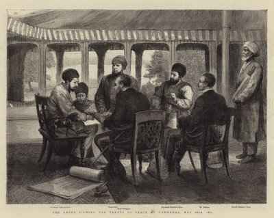 Ameer podpisujący traktat pokojowy w Gandamaku, 26 maja 1879 (rycina) autorstwa English School